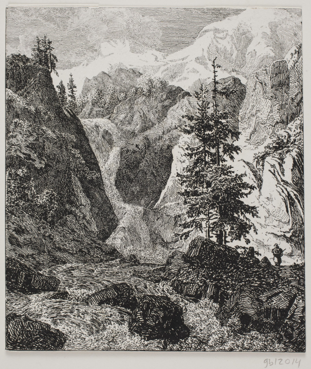 Schwarze und weiße Zeichnung einer Berglandschaft mit einem Wasserfall, der eine felsige Klippe hinabstürzt, umgeben von Bäumen und Hügeln, mit Text unten.