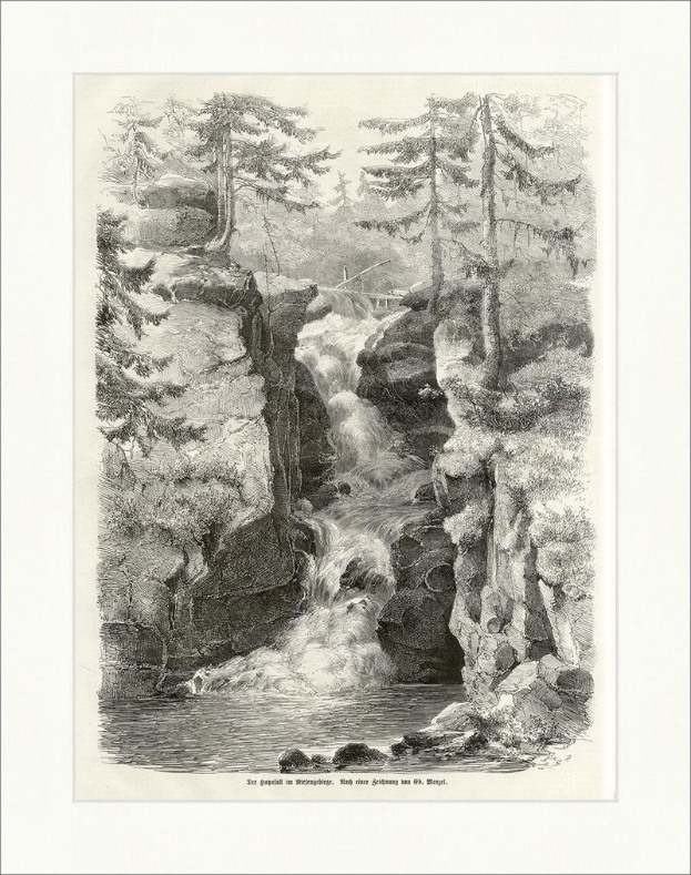 Schwarz-weißes Kupferstichbild eines Wasserfalls, der eine felsige Klippe in einem bewaldeten Gebiet hinabstürzt, mit der Beschriftung "Die großen Alpenfälle" unten.