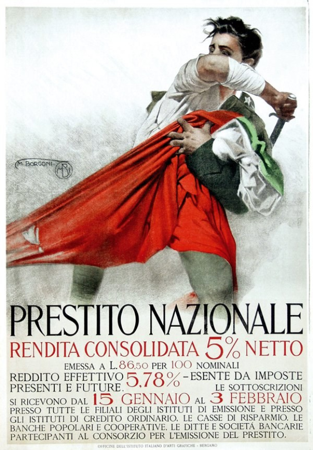 Ein Plakat, das einen Mann in einem weißen Hemd zeigt, der ein rotes Tuch hält, mit der Aufschrift "Prestito Nazionale Rendita Consolidata 5% Netto" darüber.