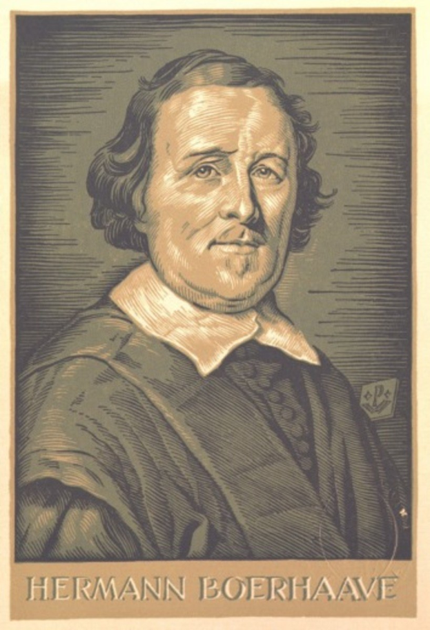 Portrait von Hermann Boerhaave, einem deutschen Philosophen, mit einem menschlichen Gesicht und Text unten.