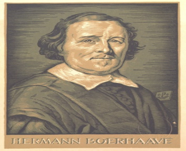 Portrait von Hermann Boerhaave, einem deutschen Philosophen, mit einem menschlichen Gesicht und Text unten.