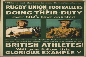 Plakat mit zwei Rugbyspielern in Uniform mit Text über britische Athleten, die zur Dienstleistung eingezogen werden.