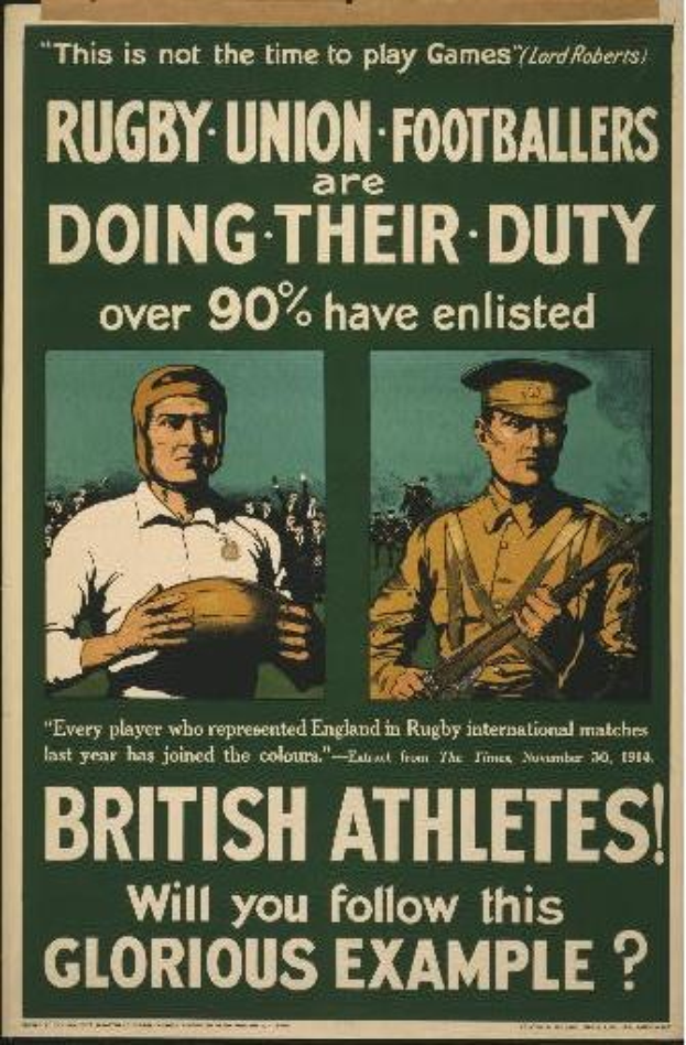 Plakat mit zwei Rugbyspielern in Uniform mit Text über britische Athleten, die zur Dienstleistung eingezogen werden.
