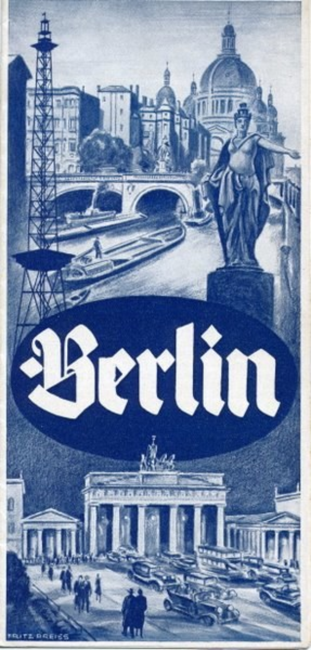 Plakat wirbt für Berlin, Deutschland, mit einer Statue, Gebäuden, einem Turm, Menschen, Fahrzeugen auf der Straße, einer Brücke und Text mit Informationen über die Stadt.