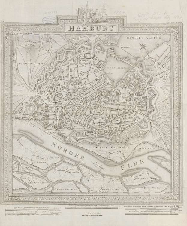 Alte Karte von Hamburg, Deutschland, die Straßen und Sehenswürdigkeiten zeigt, auf altem Papier gedruckt.