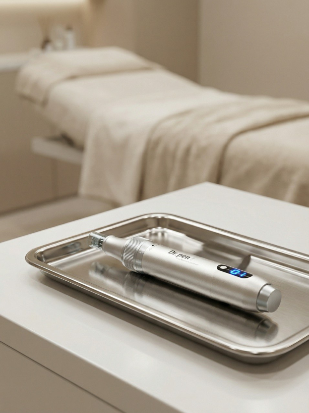 Steriles Microneedling-Instrument auf einem Tablett in einem modernen Kosmetikstudio.