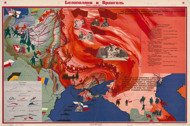 Plakat, das Karten des sowjetischen Reichs und des russischen Reichs vergleicht, mit Bildern und Texten über den Krieg annotiert