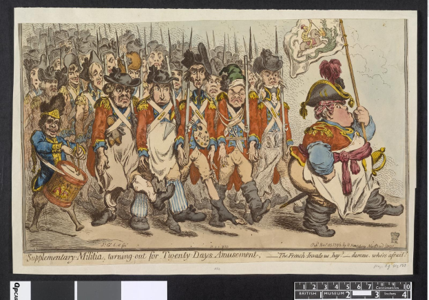 Gruppe von Männern in Militäruniformen, die eine Straße entlangmarschieren, einer hält einen Stock, mit Text unten: "Zusätzliche Miliz, zum 20-tägigen Vergnügen antretend."