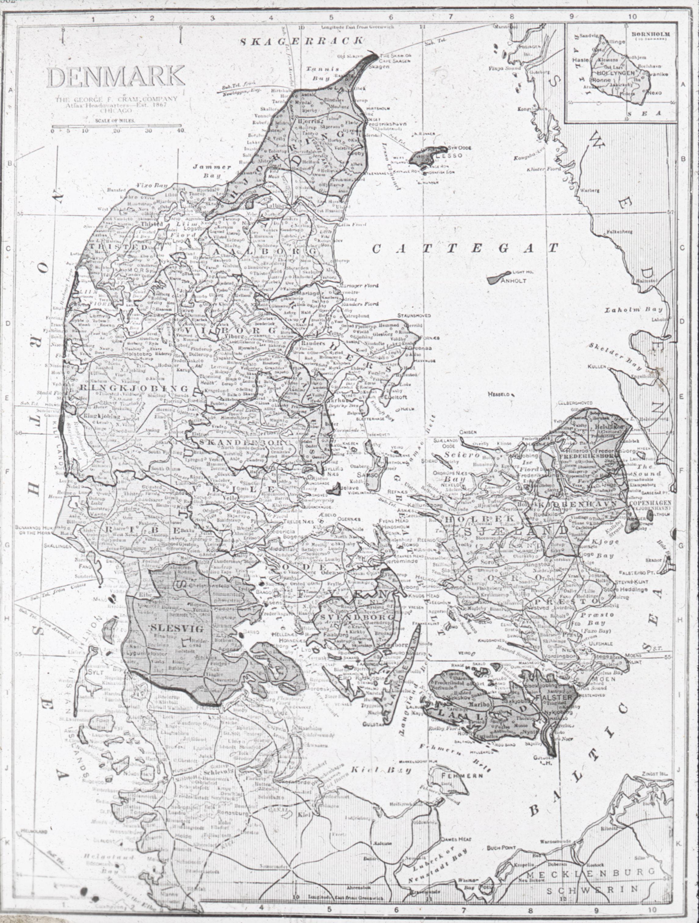 Eine 19. Jahrhundert-Papierkarte von Dänemark mit detaillierten geographischen Informationen und Textanmerkungen.