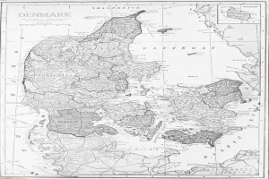 Eine 19. Jahrhundert-Papierkarte von Dänemark mit detaillierten geographischen Informationen und Textanmerkungen.
