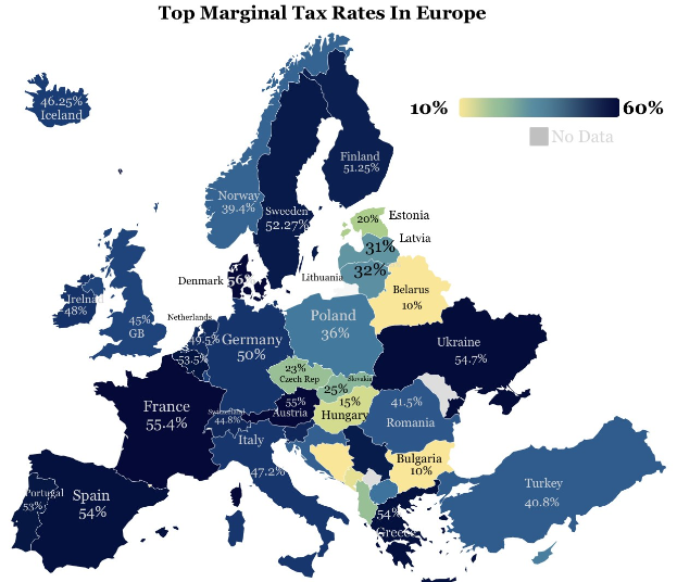 Eine Europakarte mit Farben, die die höchsten Grenzsteuersätze pro Land anzeigen und der Titel "Höchste Grenzsteuersätze in Europa" oben.