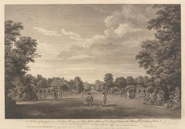 Gartenblick im Ballhaus des Prinzen von Wales, mit Bäumen, Menschen, einem Wagen, Pflanzen und einem bewölkten Himmel, mit Text unten.