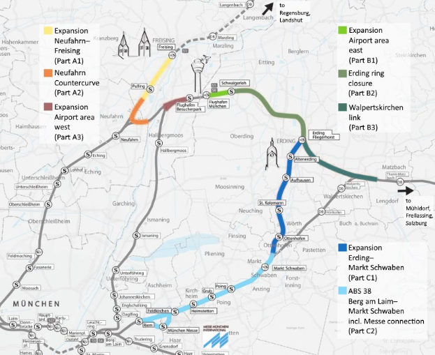 Eine detaillierte Karte einer Stadt mit einer hervorgehobenen Bahnroute von München nach Frankfurt, die Haltestellen und die Umgebung mit zusätzlichen Bahninformationen zeigt.