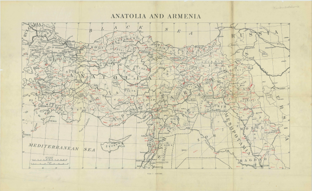 Detailierte Papierkarte von Anatolien und Armenien mit geografischen Merkmalen und begleitendem Text.