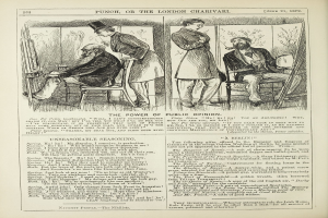 Ein altes Buch mit einer Zeichnung eines Mannes in einem Anzug, der in einem Stuhl sitzt und eine Frau neben ihm steht, der Text "Die Macht der öffentlichen Meinung" auf der Seite sichtbar.