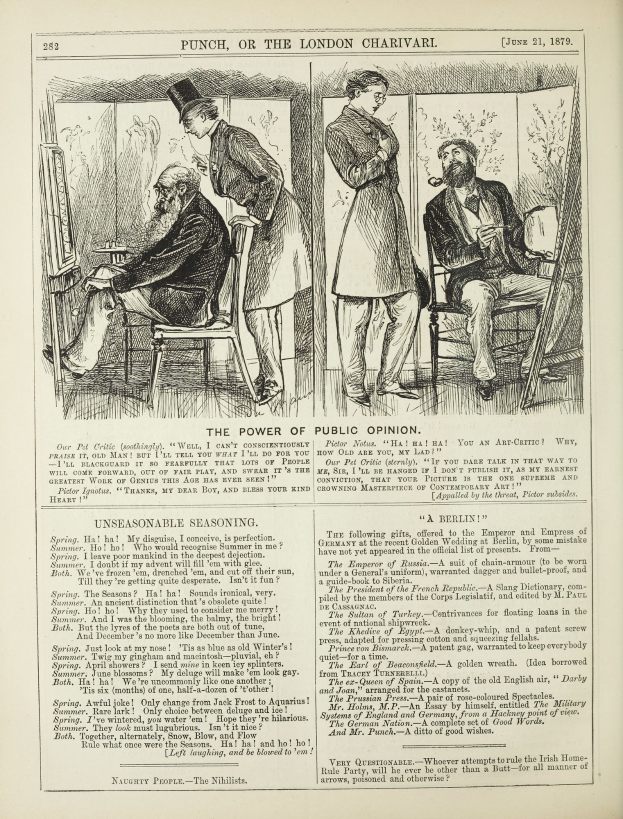 Ein altes Buch mit einer Zeichnung eines Mannes in einem Anzug, der in einem Stuhl sitzt und eine Frau neben ihm steht, der Text "Die Macht der öffentlichen Meinung" auf der Seite sichtbar.