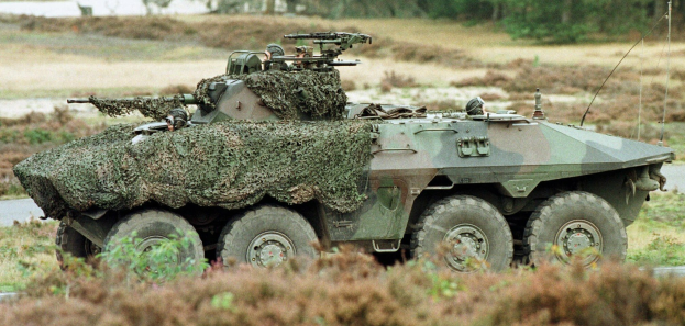 Militärischer Mannschaftstransporter mit montierter großer Kanone, der auf einer Straße neben einem Wald fährt.