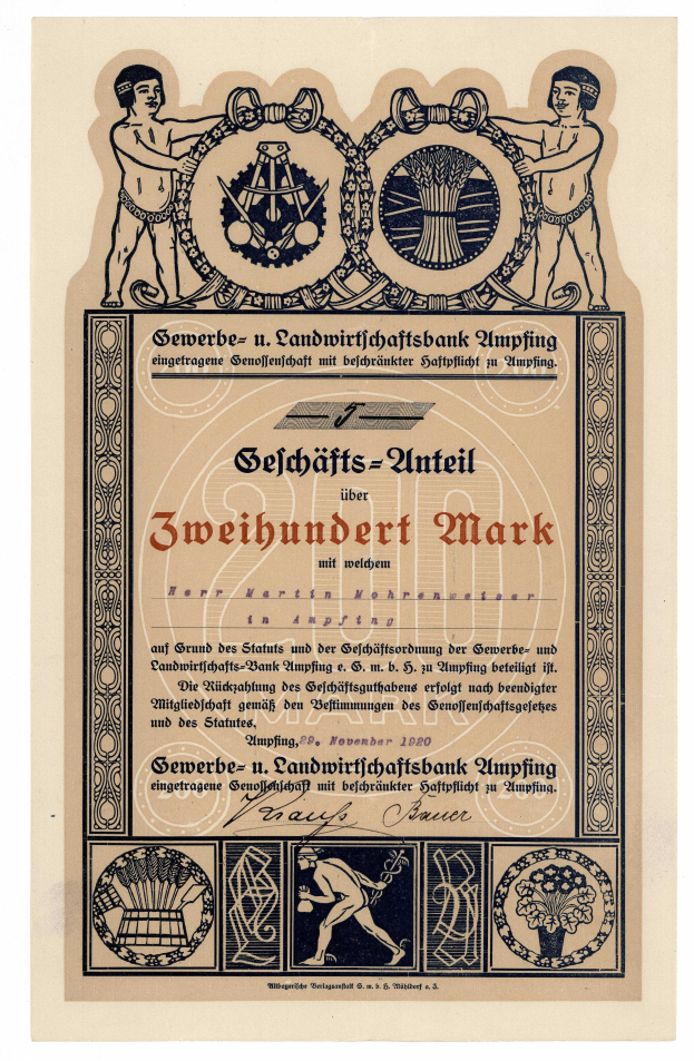 Ein altes deutsches Bankzertifikat mit einem hellblauen Hintergrund, das einen Mann in einem Anzug und eine Frau in einem Kleid zeigt, mit fetter schwarzer Schrift, die die Informationen der Bank enthält.