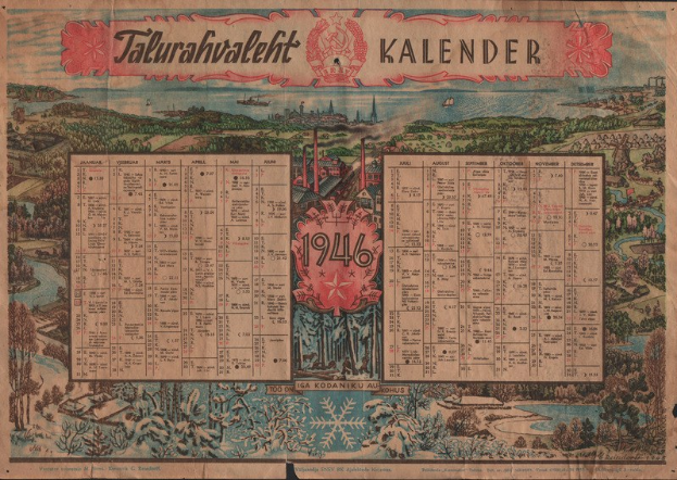Alter Kalender aus dem Jahr 1946 mit einer Stadtansicht und handgeschriebenen Datumsangaben.