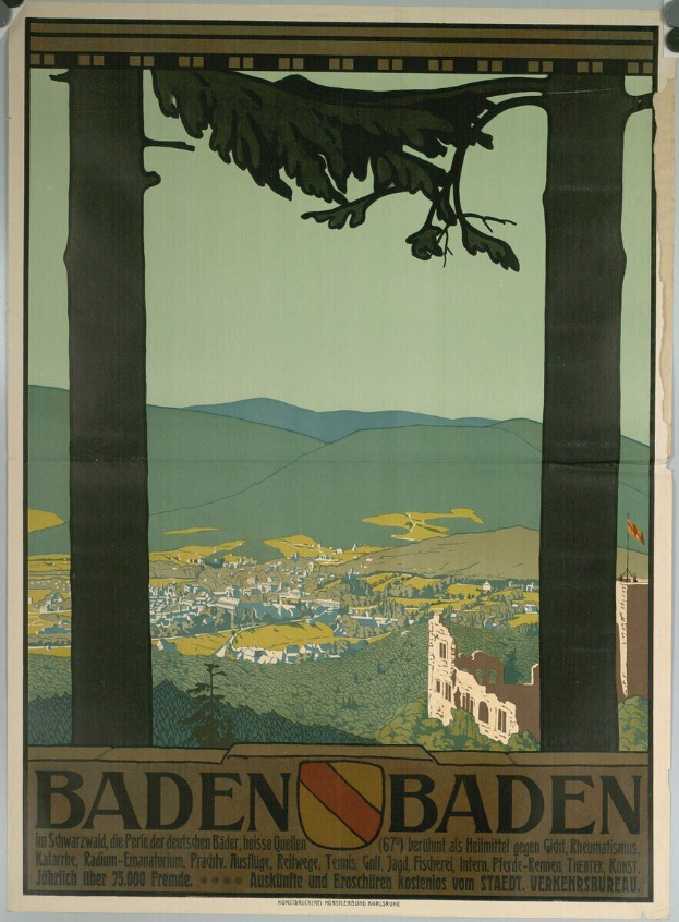 Ein Plakat an einer Wand in Baden-Württemberg, Deutschland, das eine Landschaft mit Hügeln, grünen Bäumen und einem blauen Himmel zeigt, mit der Aufschrift "Baden Baden".