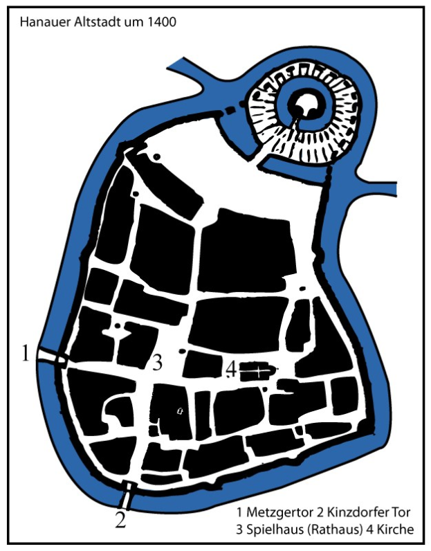 Eine detaillierte Straßenkarte von Hanau, Deutschland, in Blau und Weiß mit Text und nummerierten Standorten.