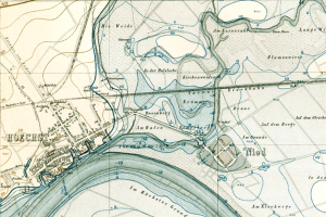 Eine alte Karte von Hamburg, Deutschland, mit einem Fluss, Straßen, Gebäuden, Sehenswürdigkeiten und beschreibendem Text.