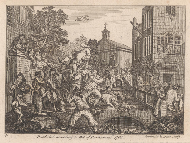 Eine Schwarz-Weiß-Radierung einer Gruppe von Menschen in einer Stadtlandschaft mit Gebäuden, Bäumen und Himmel, mit dem Text "Das Gesetz von 1706" unten.