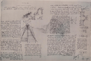 Eine Seite aus einem Buch mit einer Zeichnung eines Pyramiden, die als Leonardo da Vincis Signatur gilt, neben Text und Diagrammen zu seiner Arbeit.