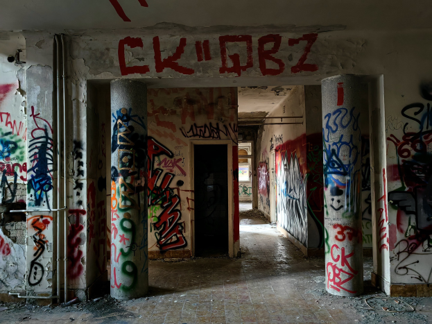 Verlassenes Gebäudeinneres mit Graffiti-verschmierten Wänden, sichtbarem Boden und freiliegenden Rohren, mit einer Tür im Hintergrund.