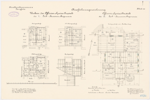 Ein detaillierter architektonischer Grundriss des ehemaligen Bundeskanzleramts in der Bundesrepublik Deutschland, der den Gebäudeentwurf mit Text und Zeichnungen zeigt.