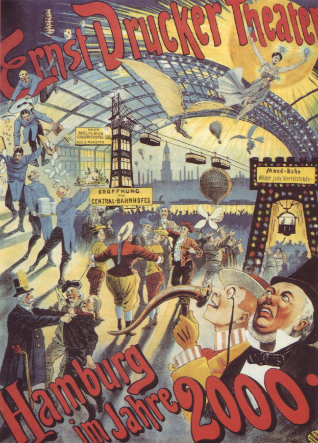 Plakat für das Ernst-Drucker-Theater in Hamburg, Deutschland, mit einer Gruppe von Menschen und dem Text 'Hamburg im Jahre 2000'.