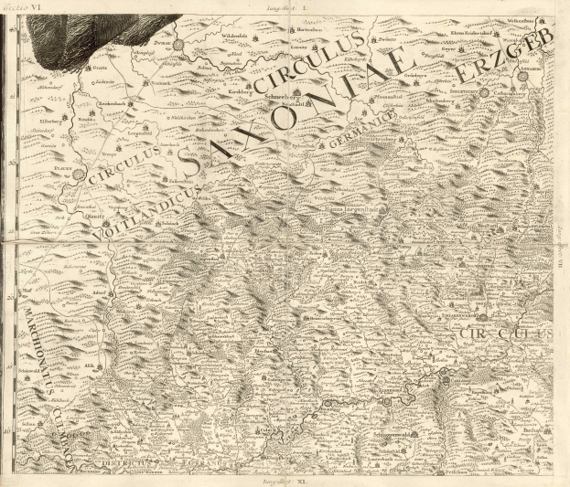 Alte Karte von Sachsen, Deutschland, zeigt geografische Merkmale wie Flüsse, Berge und Städte mit beschreibenden Textanzeigen.