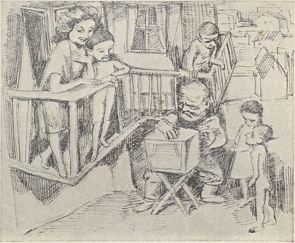 Eine Zeichnung einer Familie in einem Wohnzimmer, mit einem Mann auf einem Stuhl sitzend, einer Frau mit einem Baby auf dem Arm und anderen Stehenden oder Sitzenden sowie einem Fenster im Hintergrund und Text unten.