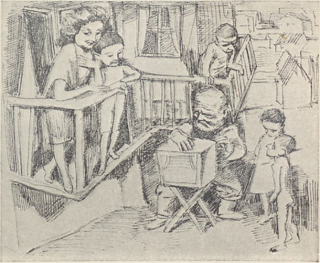 Eine Zeichnung einer Familie in einem Wohnzimmer, mit einem Mann auf einem Stuhl sitzend, einer Frau mit einem Baby auf dem Arm und anderen Stehenden oder Sitzenden sowie einem Fenster im Hintergrund und Text unten.