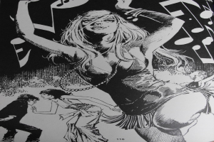 Ein Gemälde, das mehrere tanzende Menschen mit Noten oben darstellt.