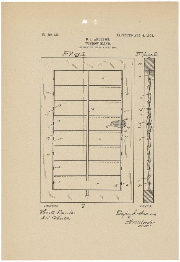Patentzeichnung einer Tür mit Griff und Jalousie auf einem Papier mit Text.