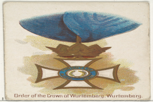 Plakat mit dem Logo "Orden der Württembergischen Krone", einem blauen und goldenen Kronenemblem mit goldener Umrandung und fetter schwarzer Schrift.