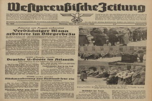 Schwarze Titelseite einer deutschen Zeitung vom 13. November 1939 mit der Überschrift "Weitpreubliche Zeitung" und einem Foto von Menschen in traditioneller deutscher Tracht in einer feierlichen Umgebung.