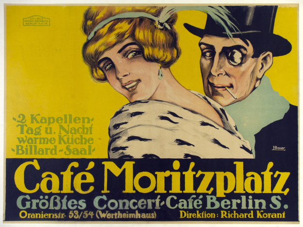 Plakat für das Cafe Moritzplatz in Berlin mit einem Mann und einer Frau und Textbeschreibung eines Ereignisses.