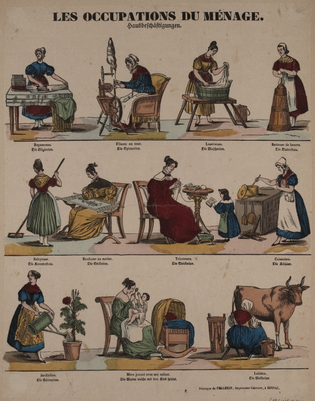 Ein Plakat aus dem 19. Jahrhundert, das gendergerechte Berufe zeigt, mit sitzenden und stehenden Figuren, einer Kuh, einem Topf mit einer Pflanze und erklärendem Text.