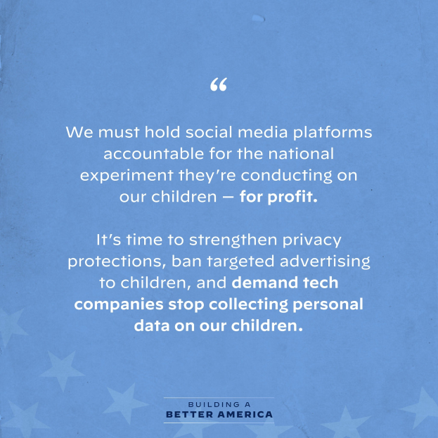 Ein Plakat mit einem Zitat aus 'Building a Better America', das besagt: 'Wir müssen die sozialen Medien-Plattformen für das nationale Experiment zur Rechenschaft ziehen, das sie an unseren Kindern durchführen - zum Profit.', dekoriert mit Sternen.