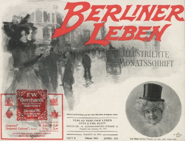 Werbeposter für das Berliner Leben Theater mit einer Frau im Zylinder und einem Mann im Anzug, Text, Stempel, Menschen und Gebäude im Hintergrund.