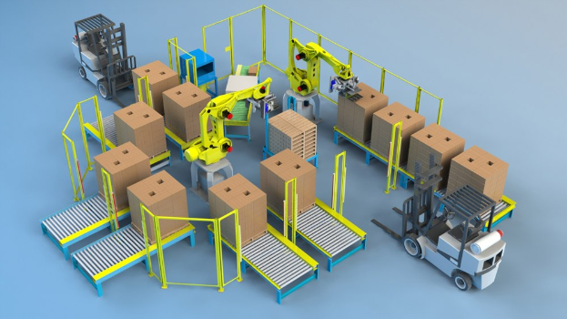 Gruppe von automatisierten Robotern, die auf einem Fließband in einem Lager arbeiten, mit Kartonagen auf dem Fließband und Fahrzeugen auf dem Boden.