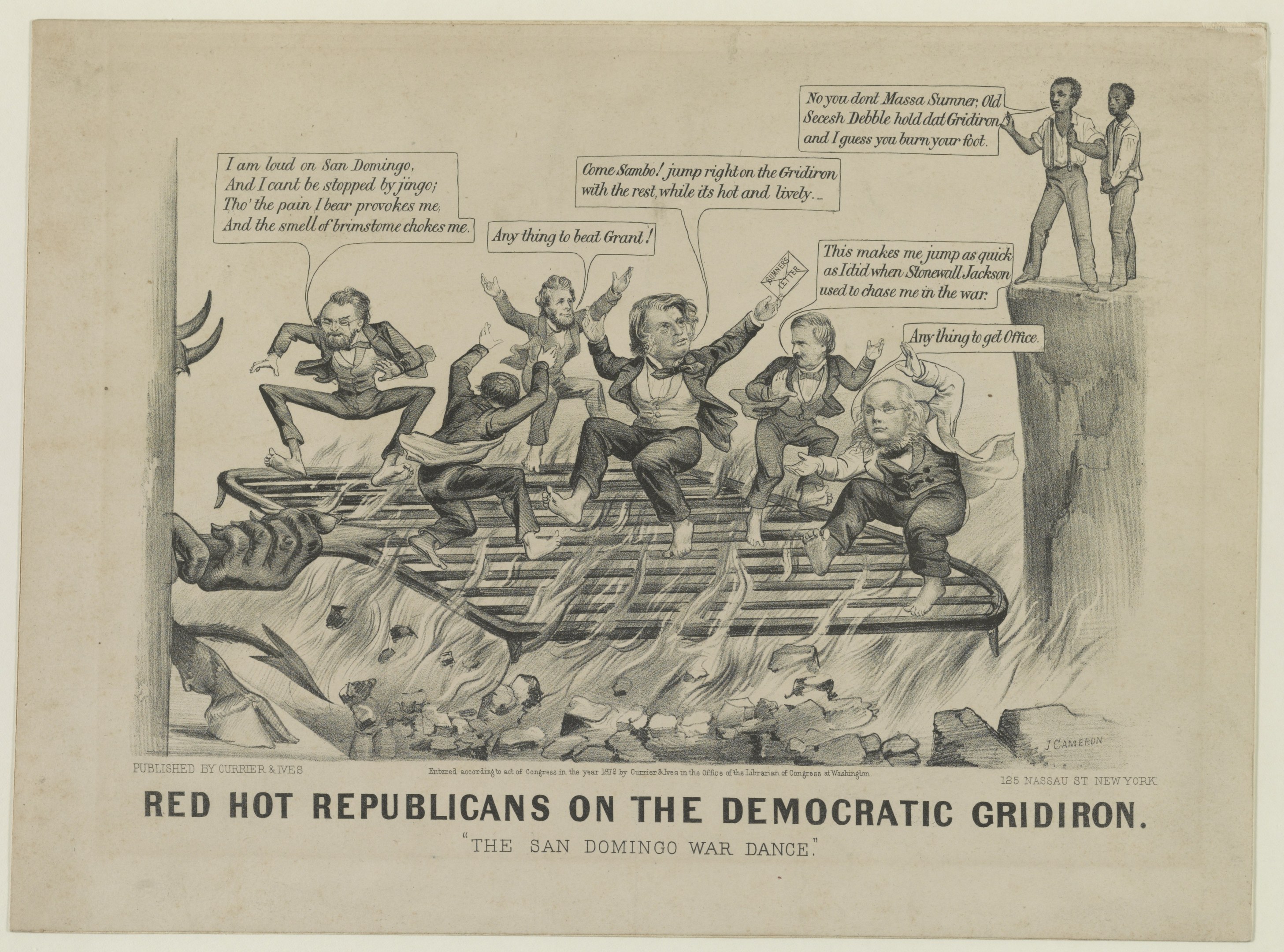 Eine Zeichnung auf Papier zeigt rote Figuren, die als 'Republikaner' bezeichnet werden, auf einem blauen Gridiron mit übertriebenen verzweifelten Gesichtsausdrücken und erhobenen Armen, begleitet von schwarzer fetter Schrift, die eine kritische Situation betont.