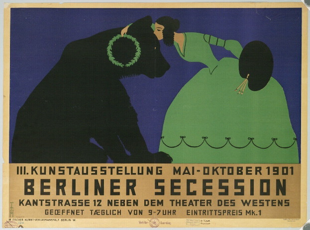 Plakat für die Berliner Secession mit einer Frau in einem grünen Kleid und einem Mann in einem schwarzen Anzug mit Text zur Beschreibung des Ereignisses.