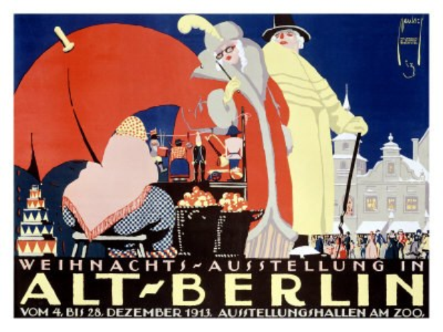 Plakat, das eine Weihnachtsausstellung in altem Berlin ankündigt, mit leuchtenden Illustrationen von Menschen, Gebäuden und Gegenständen und dem Text "Weihnachtsausstellung in Alt-Berlin" oben drauf.