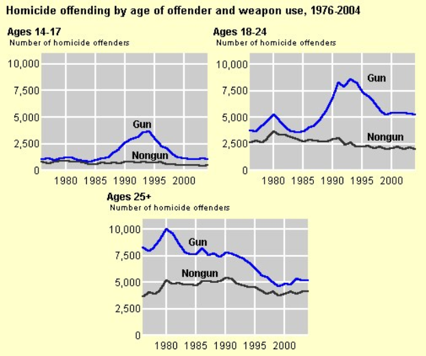 Grafik, die die Homicide-Quote nach Alter des Täters und Waffengebrauch von 1976 bis 2004 zeigt, mit begleitendem erklärendem Text.
