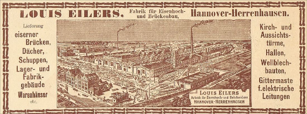 Schwarze und weiße Anzeige für die Louis Eilers Hannover-Herrenhausen-Fabrik, die ein Foto des Fabrikgebäudes mit Textüberlagerung zeigt.