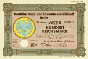 Ein altes deutsches Banknoten mit einer Vogeldarstellung und der Aufschrift "Deutsche Bank und Disconto-Gefellichaft Berlin"
