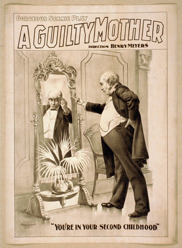 Ein Plakat zeigt einen Mann, der vor einem Spiegel steht, mit einem Stuhl und einer Pflanze im Hintergrund; der Plakattext lautet "Eine schuldige Mutter - Du bist in deiner zweiten Kindheit."